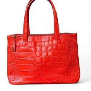 Furla Orange Croc Embossed Leather Satchel Top Handle Crossbody Bag Italy